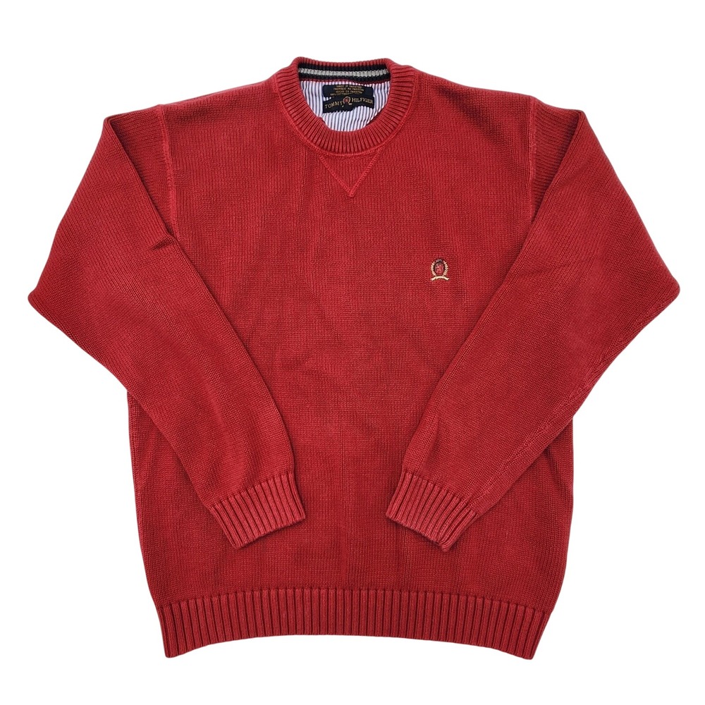 Tommy Hilfiger Mens Red Cotton Knit Crewneck Crest Logo Sweater XL Pullover‎